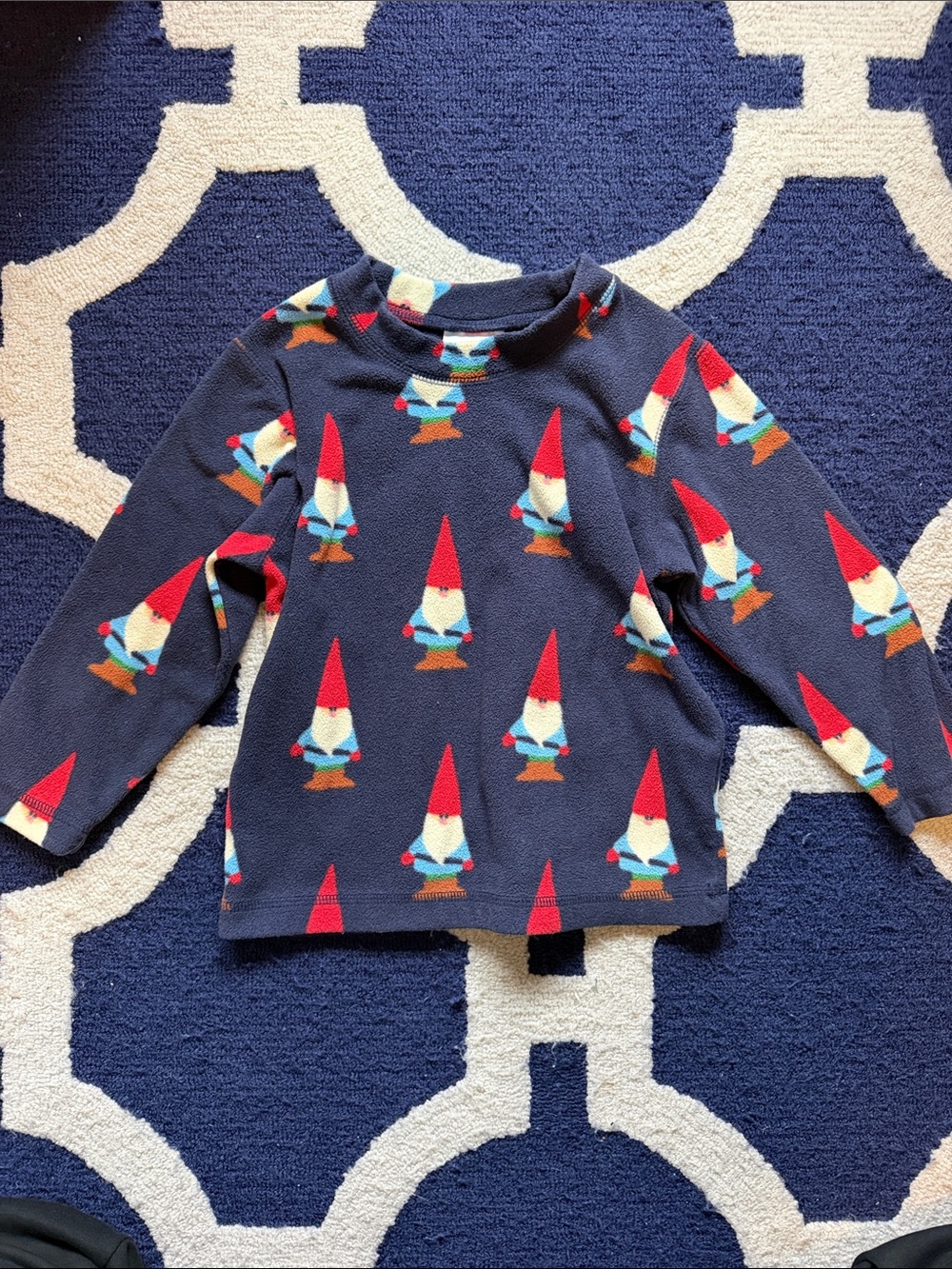 Hanna Andersson Navy Long-Sleeve fleece shirt with Red Gnome Print